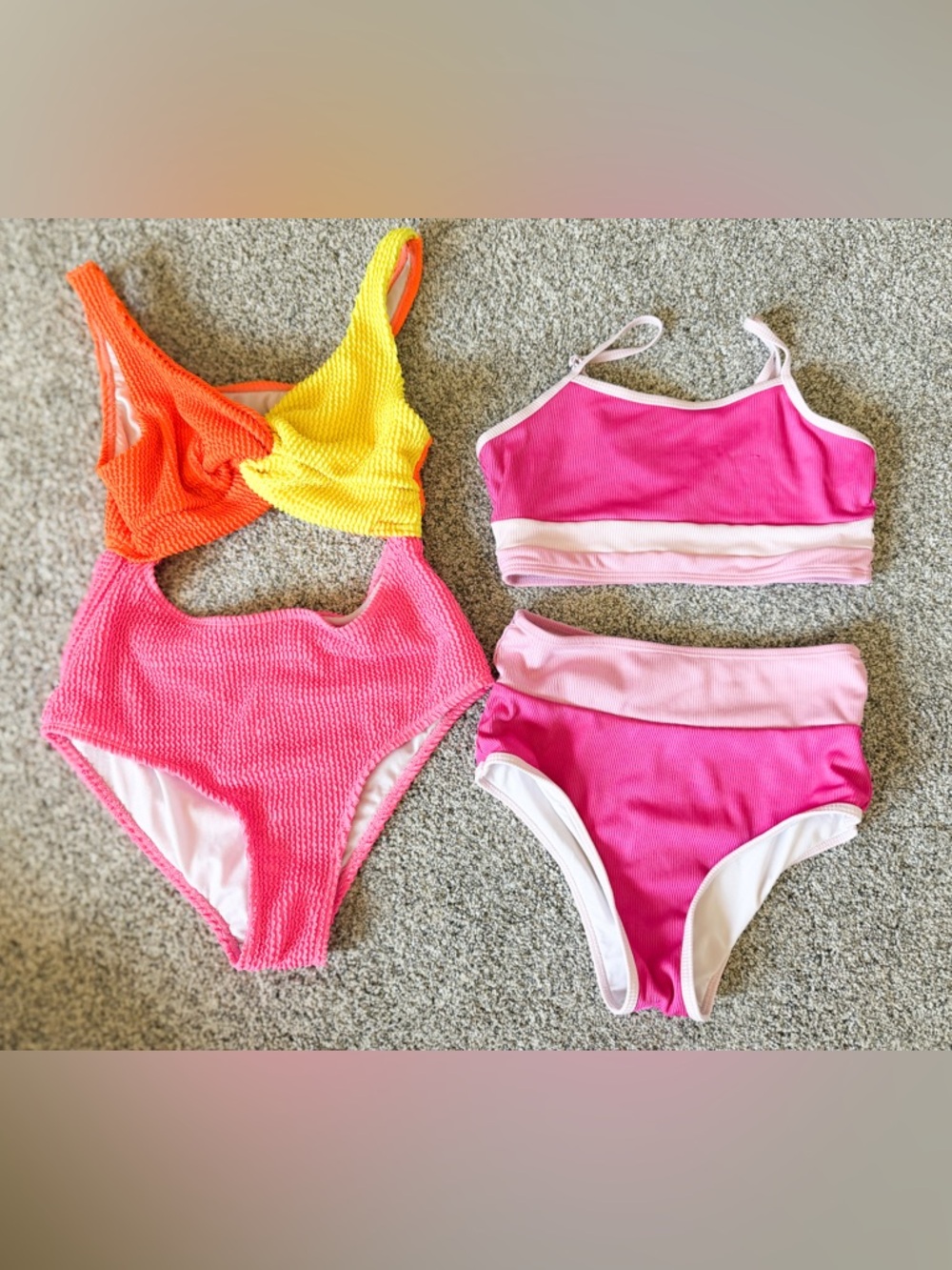 Bright Textured Colorblock swimsuit Sets - Yellow, Orange, Hot Pink Girls 11-12